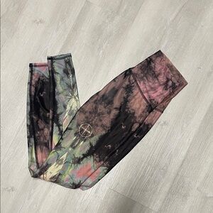 teeki Tie-Dye Leggings in Black, Pink, Green with feather detail